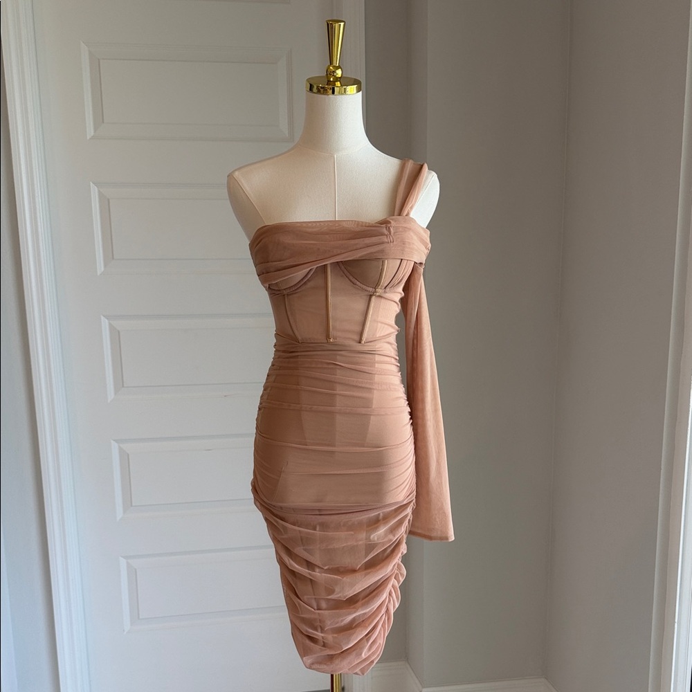 Oh Polly One-Shoulder Mesh Ruched Midi Dress in Nude Blush Size 2 XS